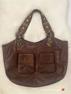 VINTAGE Y2K BETSEY JOHNSON WESTERN STUDDED LEATHER SHOULDER BAG IN BROWN